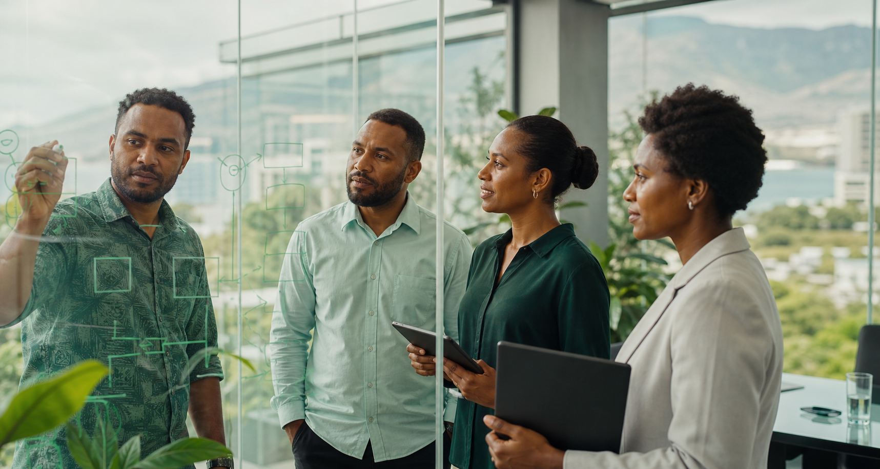 Papua New Guinean professionals mapping an integrated business workflow