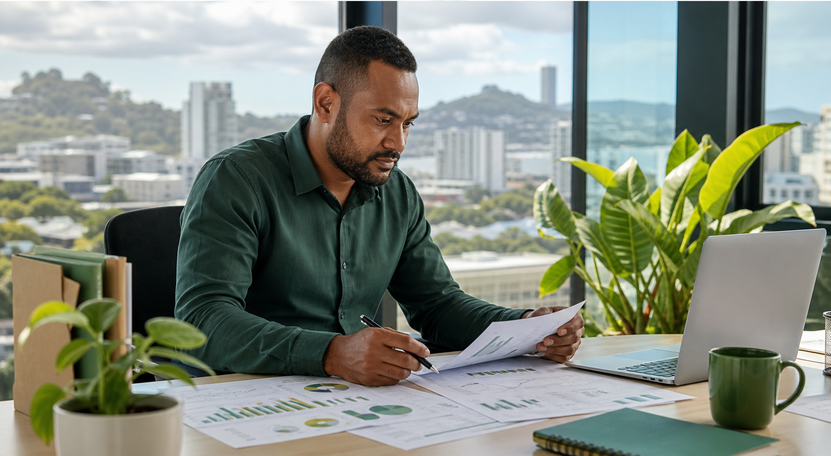 A Papua New Guinean business analyst reviewing reports and trends