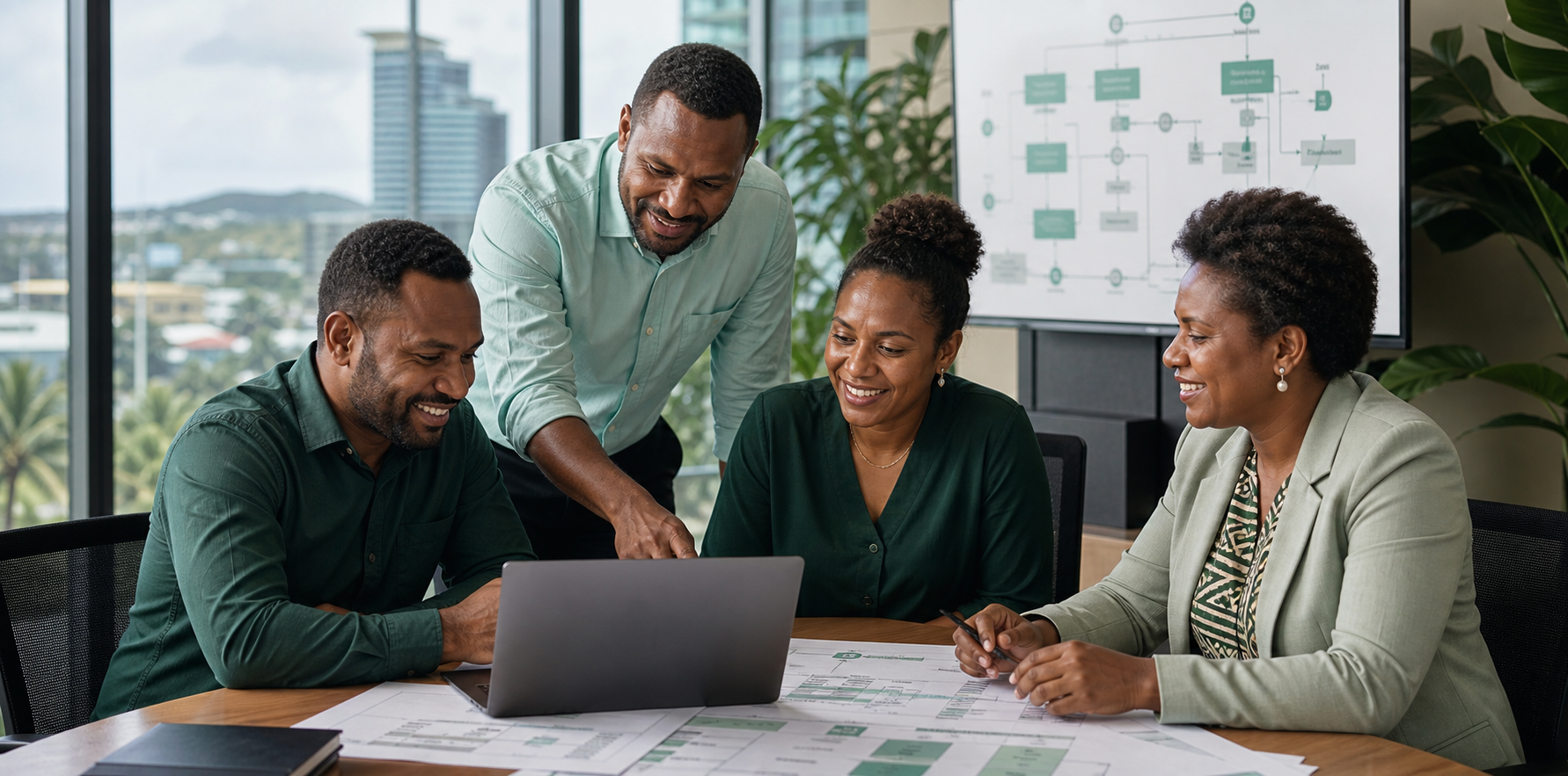 Papua New Guinean consultants reviewing a completed business project